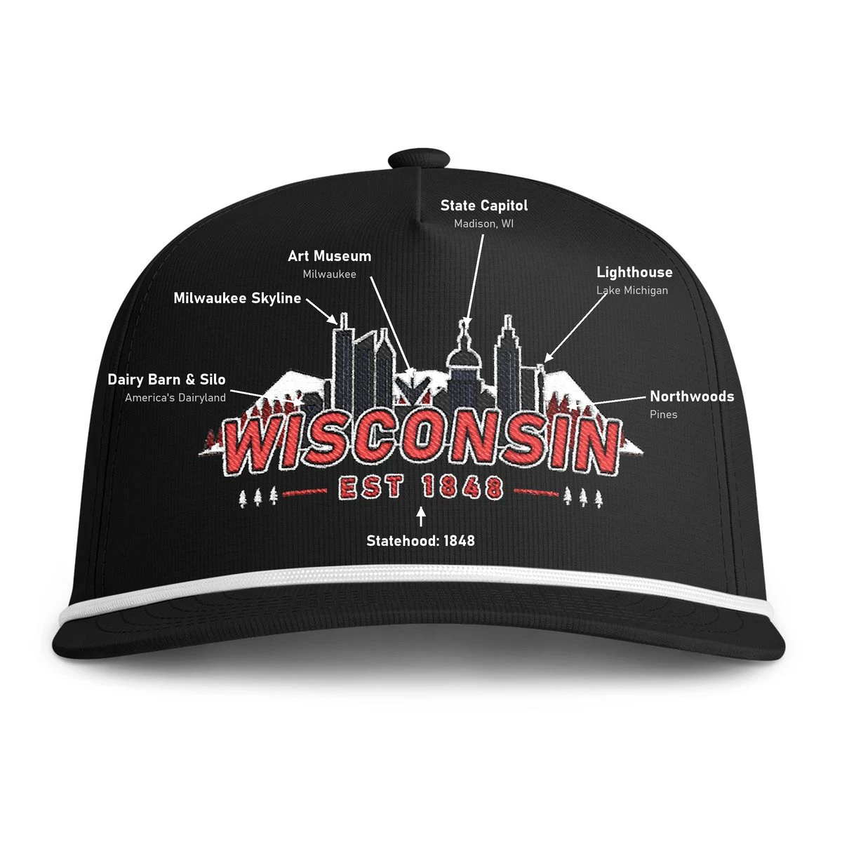 Wisconsin Skyline Rope Hat — Sunwashed State Pride Cap (Est. 1848)